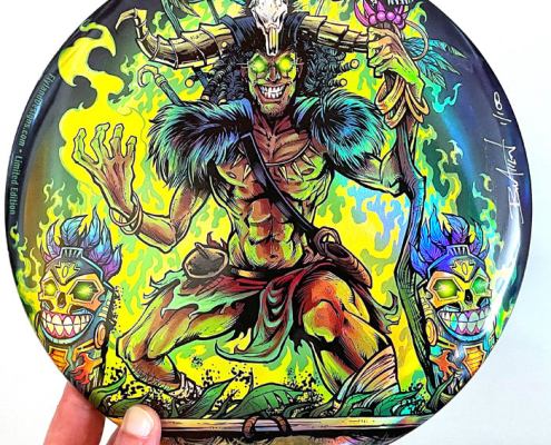 Witch Doctor and Tikis Discraft Buzzz Limited Edition artwork by Brian Allen printed on Disc Golf Discraft discs printed by Detroit Disc Company