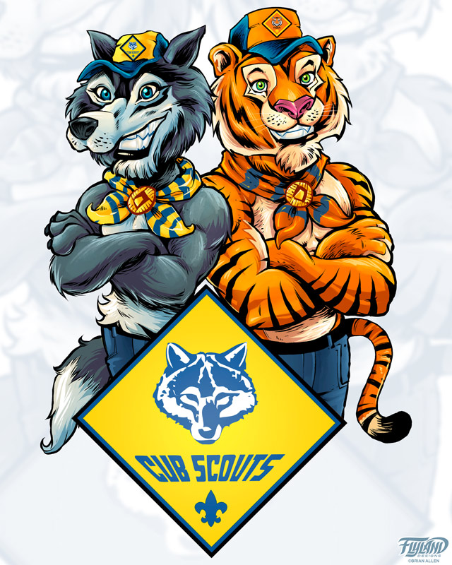 I was thrilled recently to work with Boy Scouts of America illustrating their Bear, Wolf, and Tiger mascots for a catalog that went out to all troops nationwide.  We created illustrations that blended real studio photos of kids in Boy Scouts gear, and draw