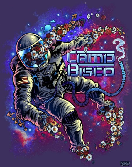 artwork of a deceased astronaut floating through space with a bunch of flowers pouring out of the space suit