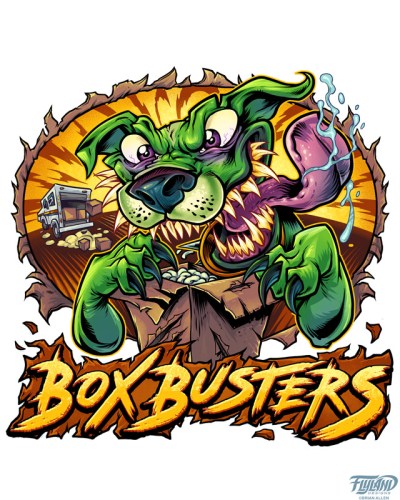 This big green dog character ripping through a box I drew is for a logo design for the distribution service, Box Busters.