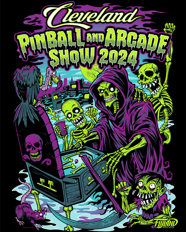 Colorful illustration of a grim reaper and skeletons playing pinball in a graveyard