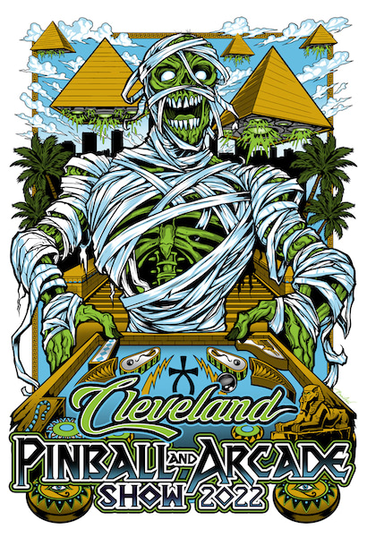 cleveland pinball and arcade show poster of a skeleton mummy playing pinball with pyramid spaceships flying in the sky