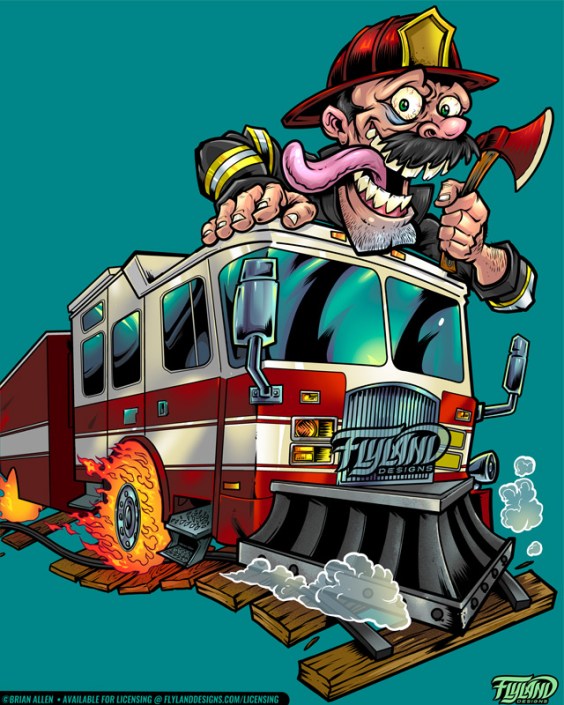 A crazed firefighter holds and axe and drives a red firetruck. Illustration by Brian Allen.