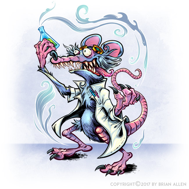 Creepy lab rat mascot wearing a