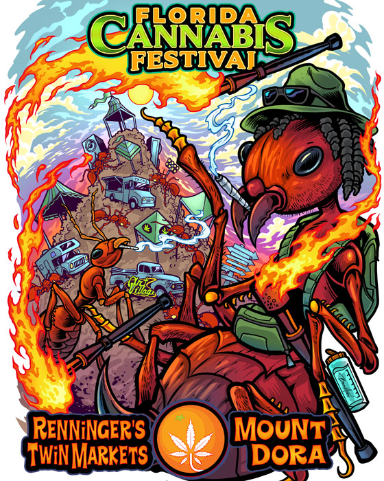 Red Fire Ant juggling fire in a cannabis festival in Florida
