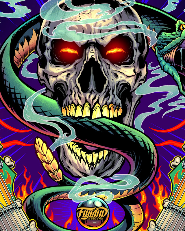 A pinball topper that I created featuring skulls, snakes, guitars, and flames for Pinball Bazaar