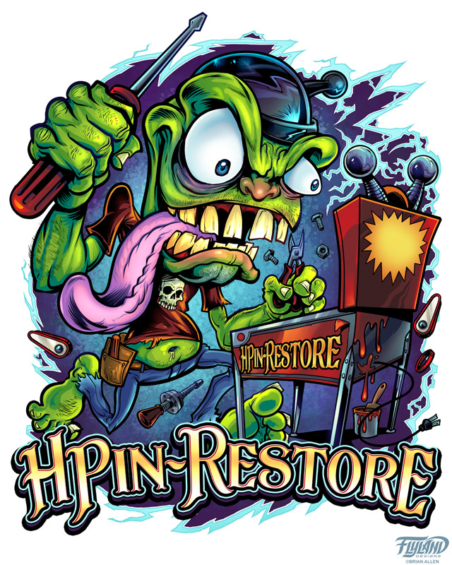 This logo design is of a crazy pinball guy holding tools in-front of  a pinball Machine.