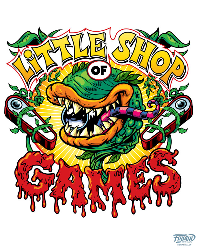 A logo design that I created for Little Shop of Games featuring a killer plant and pin ball flippers.