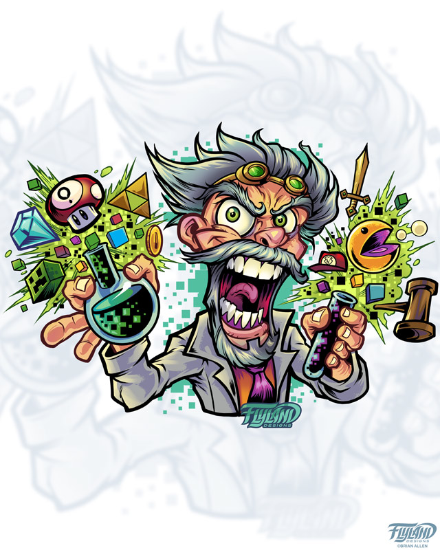 Mad Scientist Pixel Retro Gamer Pac Man Mario Minecraft Artwork by Artist Brian Allen of FlyLandDesigns.com