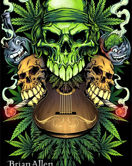 Marijuana and skulls surrounding a guitar