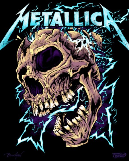 A design that I created for Metallica featuring a broken skull with lightning and electricity coursing through it in different colors.