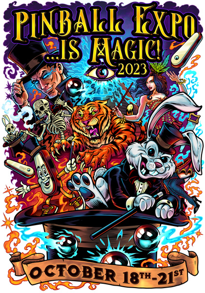 A Pinball Expo illustration of a pinball scene and a variety of magic show characters such as a ribbit in a hat, a wizard, a showgirl, an angry tiger, and a skeleton all being overlooked by a magic pyramid.