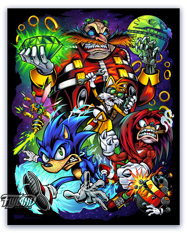 A full color tribute illustration of characters from the Sonic franchise including Sonic, Knuckles, and Dr. Robotnik.
