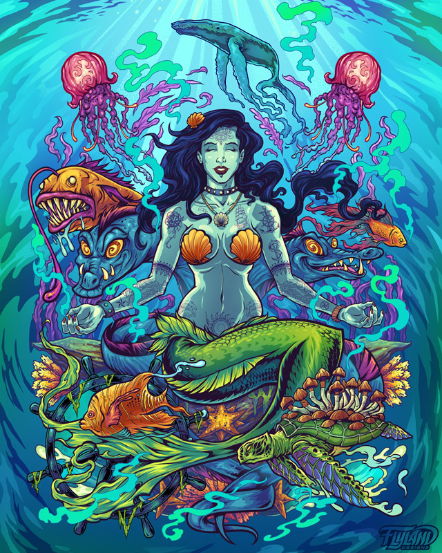 In this illustration, I created a mermaid meditating with her ocean friends. 
